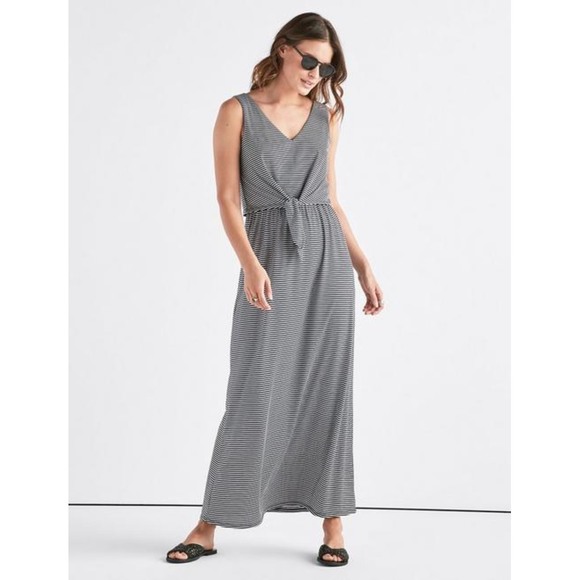 Lucky Brand S Striped Black Maxi Ribbed Knit Dress V Neck Tie Front Boho White - Picture 1 of 8